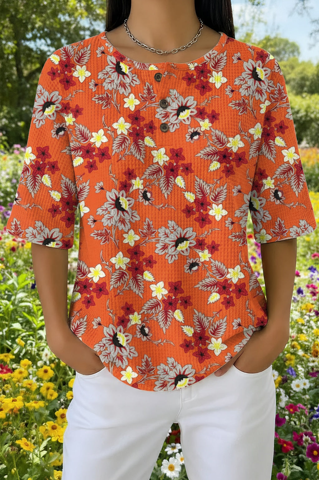 Womens Orange Floral Print Casual Shirt