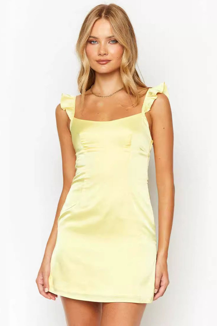 Satin Square Neck Ruffle Strap Sleeveless A-Line Mini Dress