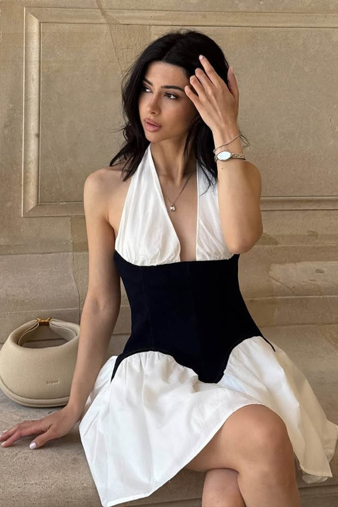 Halter-Neck Deep V-Neck Bodycon Mini Dress