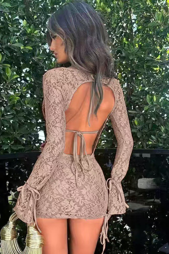Lace Bralette and Cowl Neck Flare Sleeve Ruched Mini Dress Two Piece Set 4