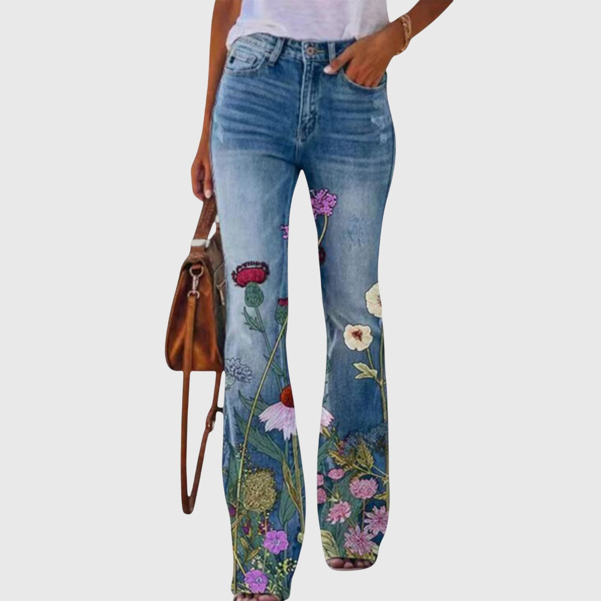 Floral Print High Waist Flare Jeans