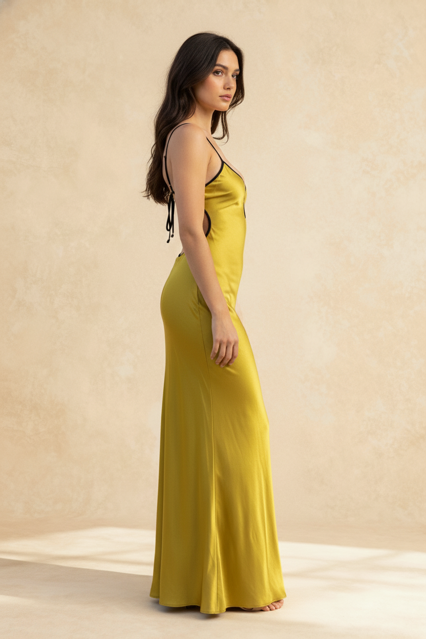 Satin Backless Maxi Dress in Yellow - View 4