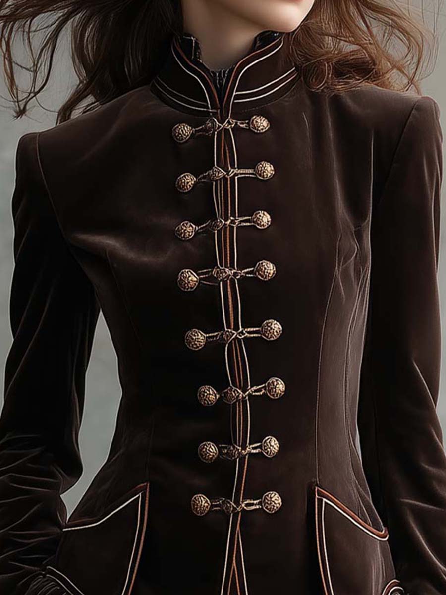 High-Neck Velvet Military Blazer With Gold Cord Buttons – Mocha Brown