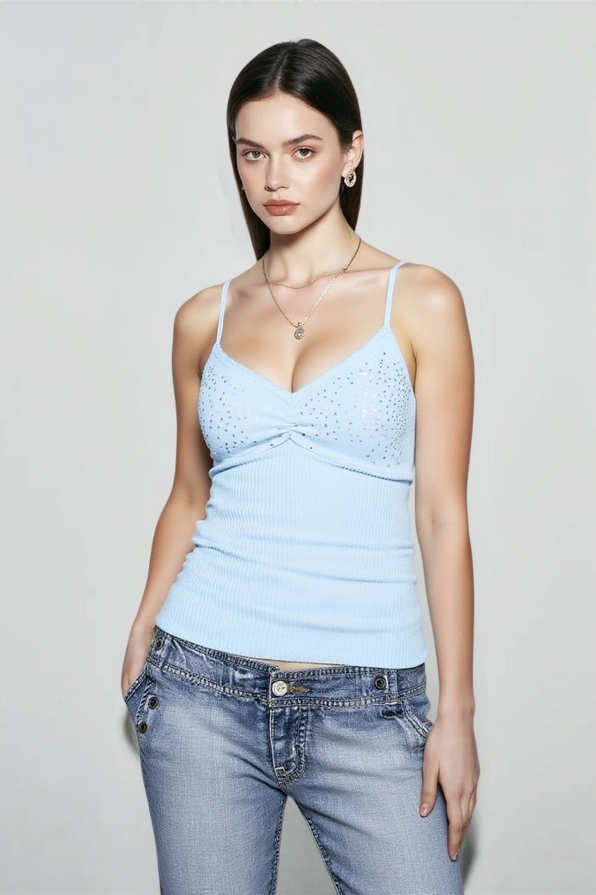 Rhinestone Twist Front V-Neck Ribbed Knit Cami Top 5