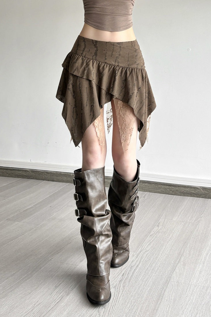 Lace Panel Ruched Asymmetric Mini Skirt