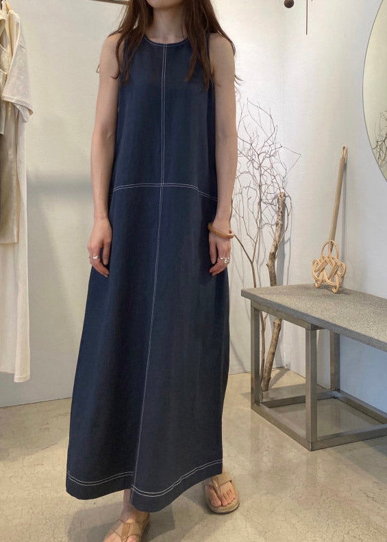 Contrast Topstitch Sleeveless Round Neck Shift Maxi Dress