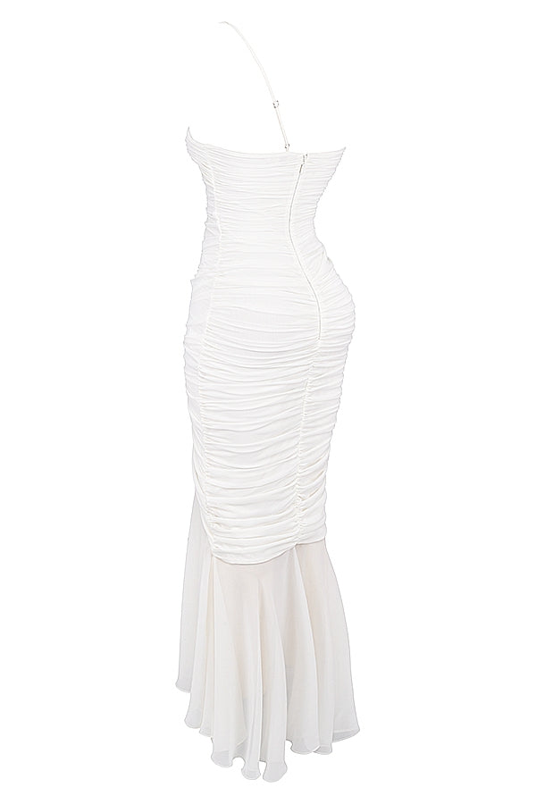 Ruched Mesh Asymmetric Neck Front Split Mermaid Maxi Dress 15