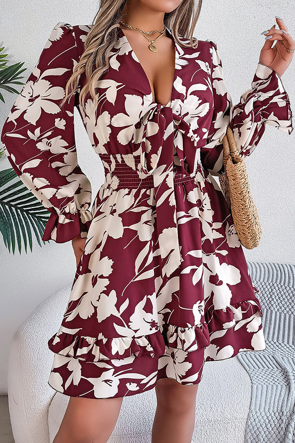 Floral Print V-Neck Tie Front Long Sleeve Ruffle Hem Mini Dress