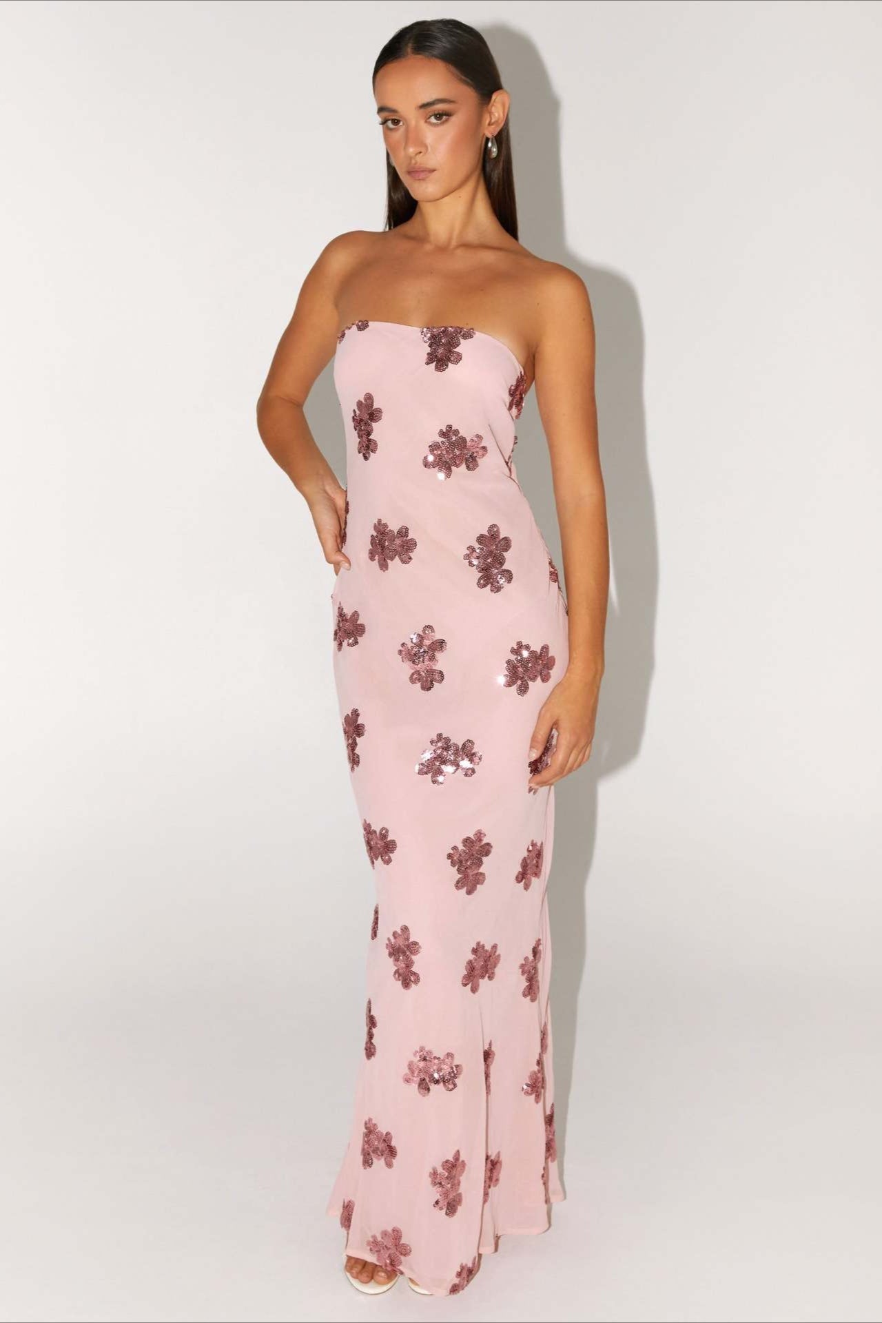 Floral Sequin Strapless Slip Maxi Gown