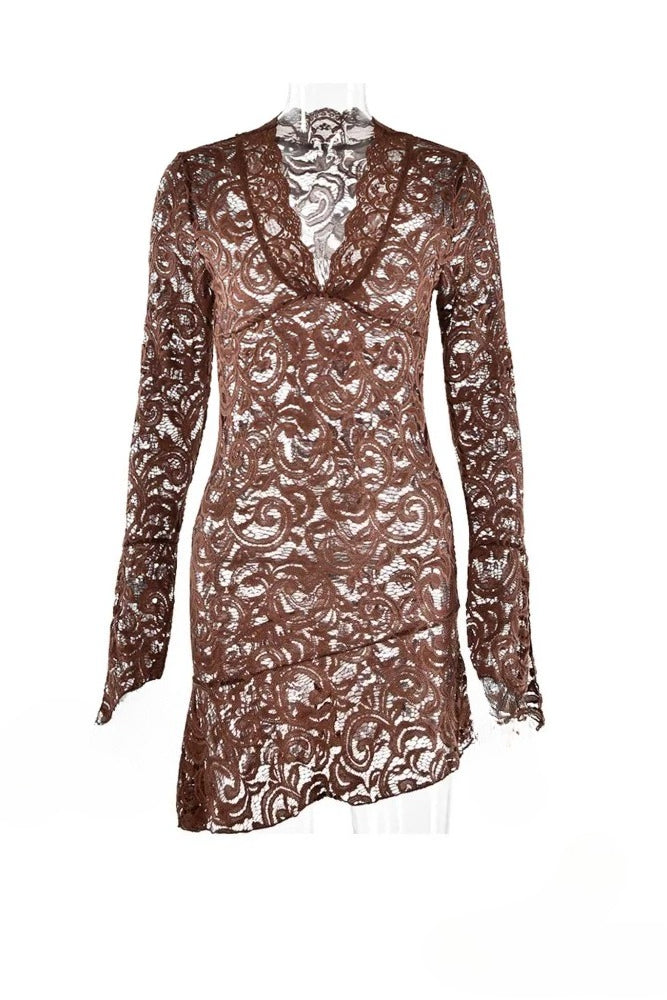 Lace Deep V-Neck Bell Sleeve Asymmetric Ruffle Hem Bodycon Mini Dress