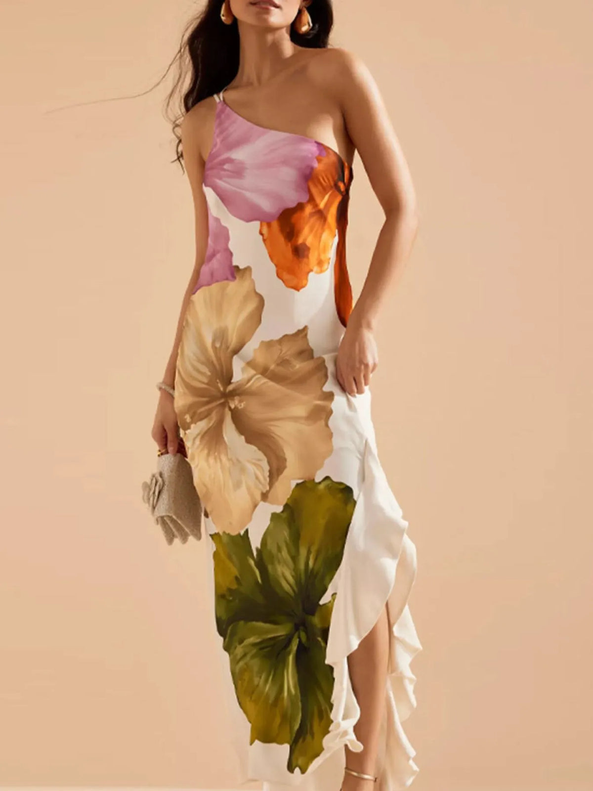 Floral Print One Shoulder Ruffle Trim Side Split Maxi Dress