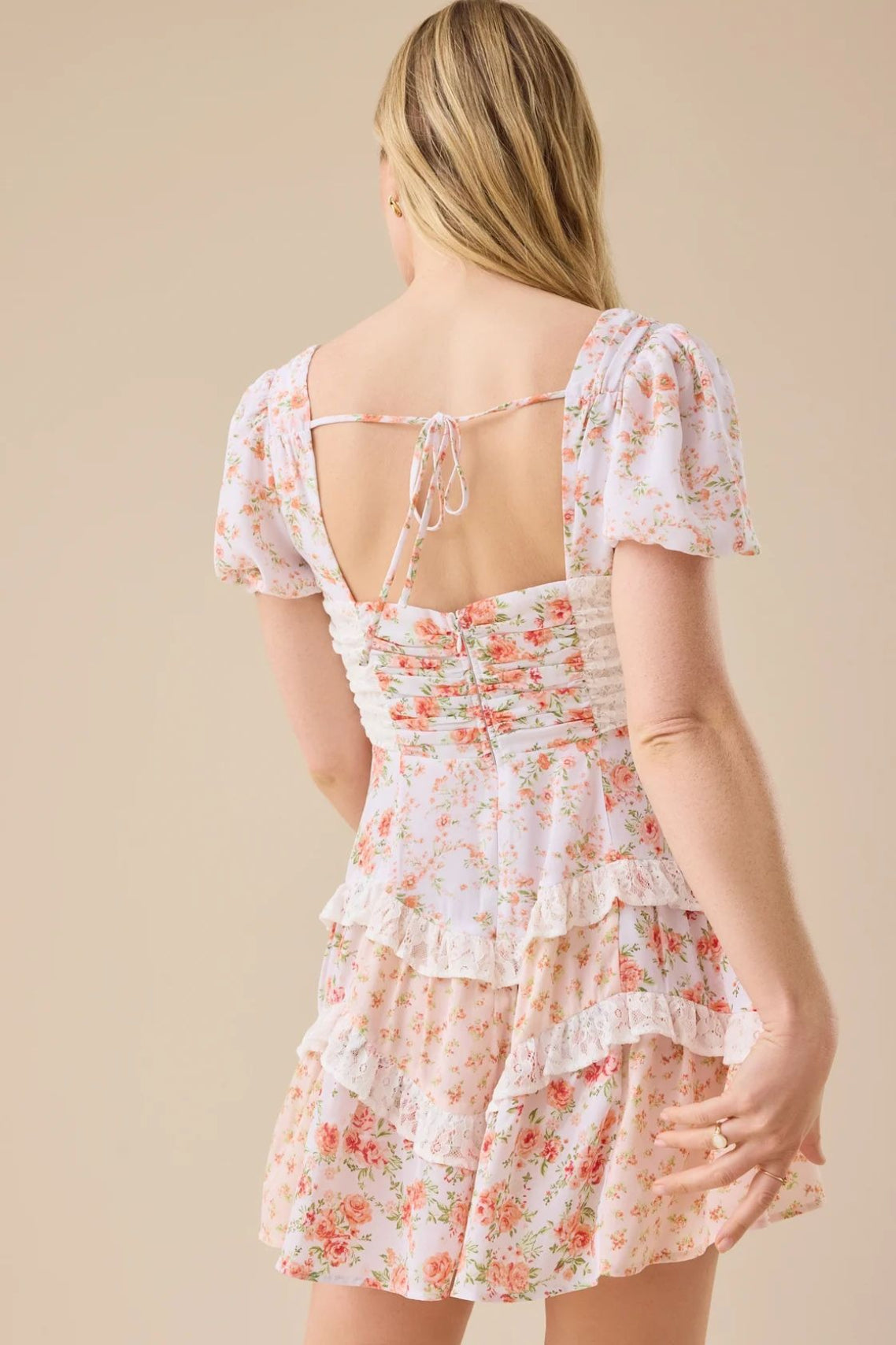 Floral Sweetheart Puff Sleeve Tiered Lace Trim Mini Dress