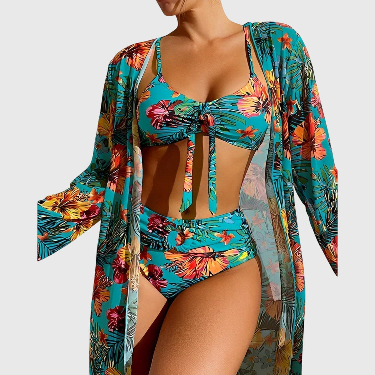 Tropical Floral Bikini and Long Cover Up Three Piece Swimsuit
