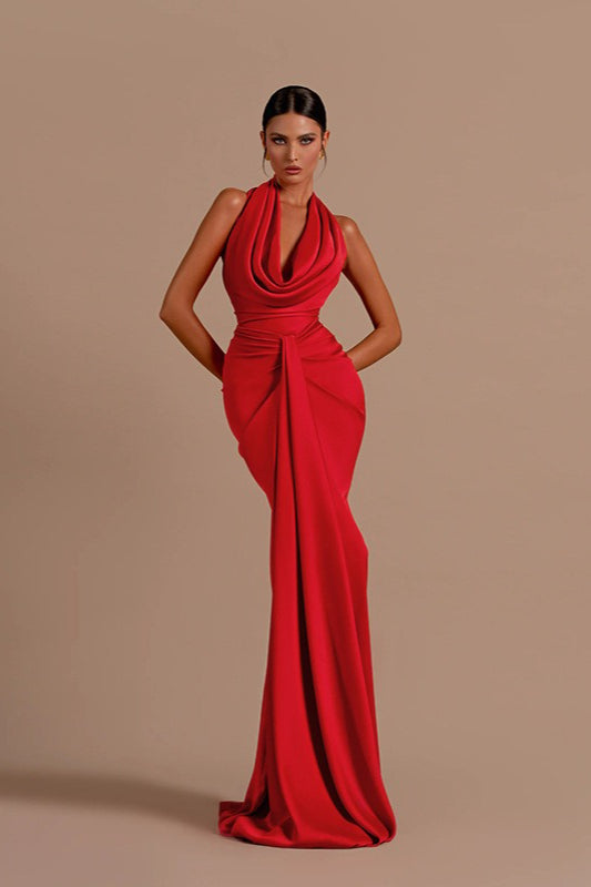 Satin Cowl Neck Halter Ruched Wrap Mermaid Maxi Dress