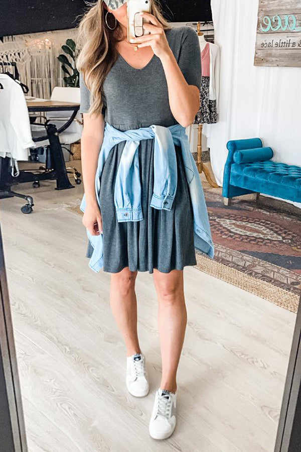 V-Neck Short Sleeve High Waist Knife Pleat Side Pocket A-Line Mini Dress