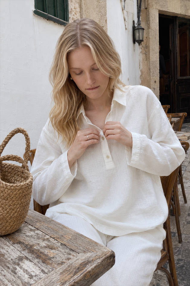 Linen Polo Collar Relaxed Blouse