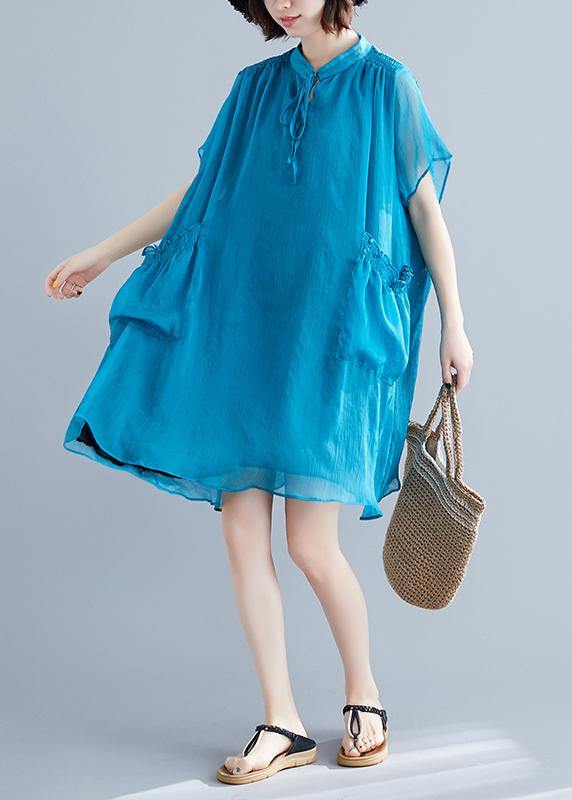 Stand Collar Tie Neck Cap Sleeve Ruffle Pocket Chiffon Mini Dress