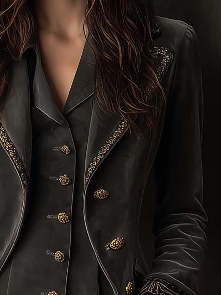 Embroidered Polyester Velvet Long Blazer