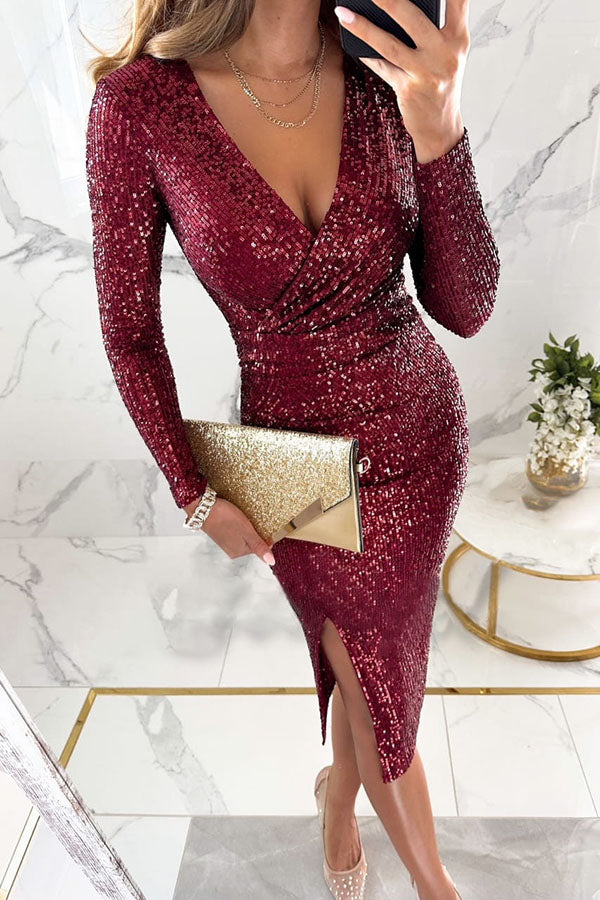 Sequin Deep V-Neck Long Sleeve Ruched High Split Bodycon Midi Dress