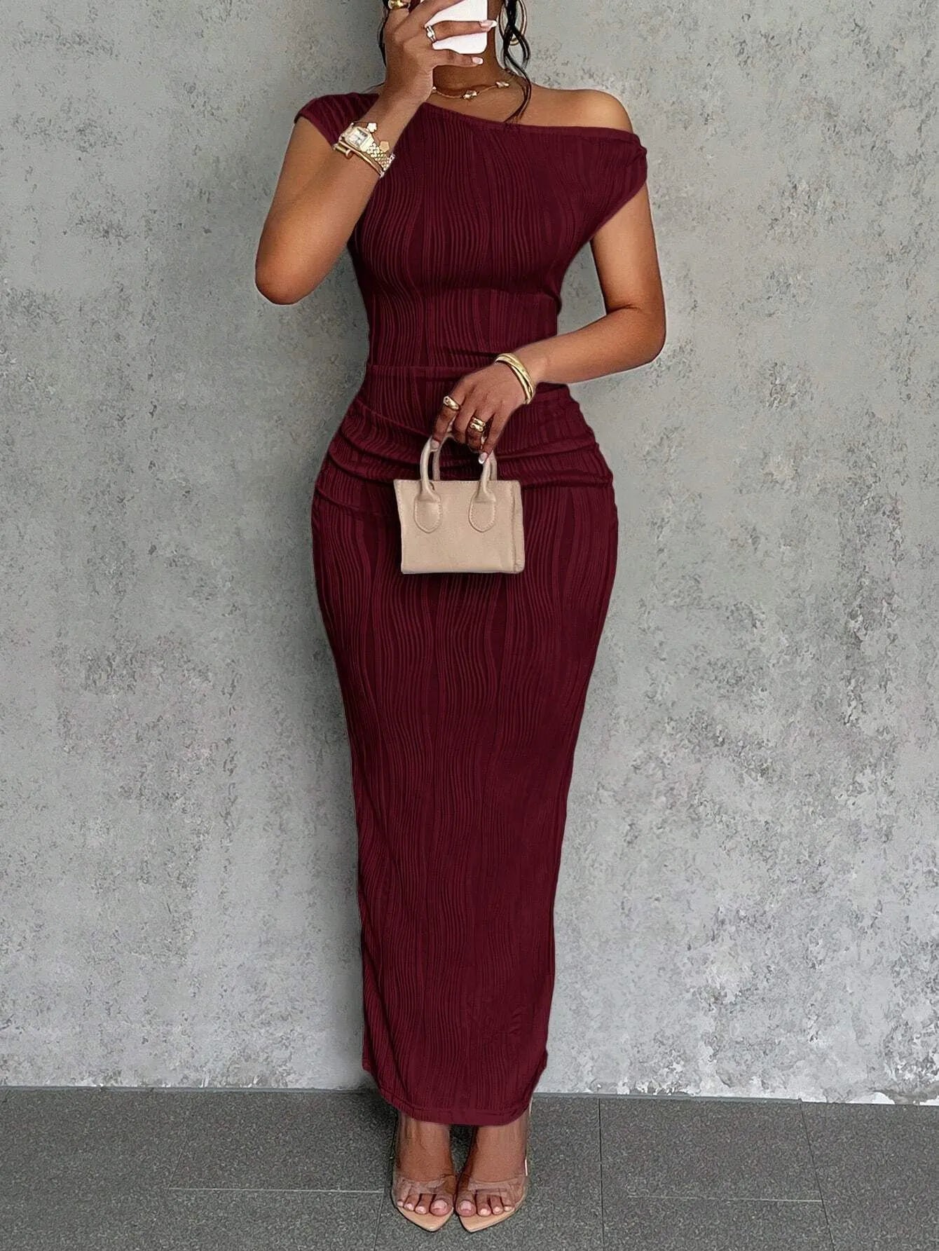 Asymmetrical One Shoulder Bodycon Maxi Dress Burgundy