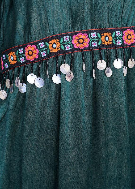Stand Collar Wide Sleeve Floral Embroidery Coin Charm Crinkled Maxi Dress