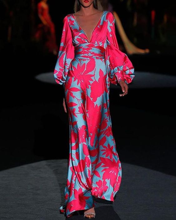 Floral Deep V-Neck Puff Sleeve Maxi Dress 2