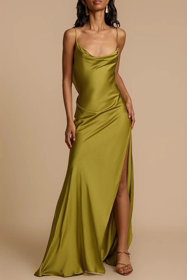 Satin Cowl Neck Spaghetti Strap High Split Column Slip Maxi Gown
