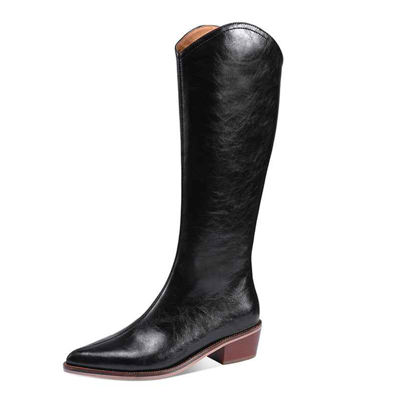 Cowboy Boots Women Handmade Genuine Leather Black/Beige/Brown/Coffee- Knee High Boots Side Zipper