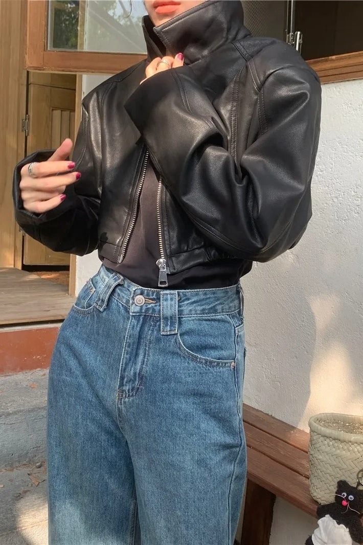 French Design Zipper Crop Leather Jacket