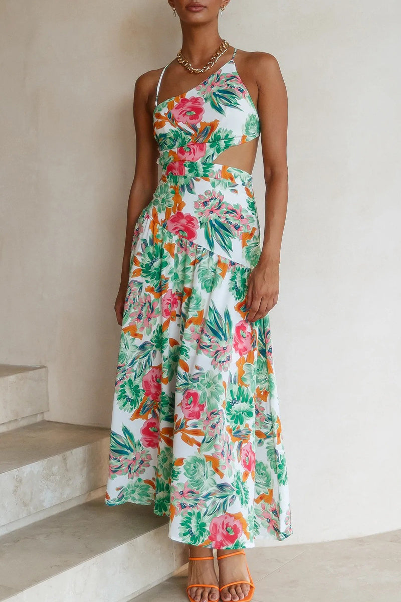 Floral Print One Shoulder Spaghetti Strap Side Cut Out A-Line Midi Dress