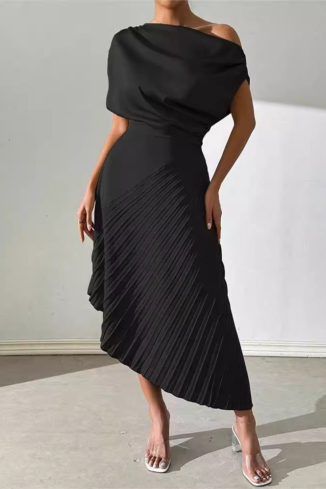 Satin One Shoulder Ruched Pleated Asymmetric Midi Dress