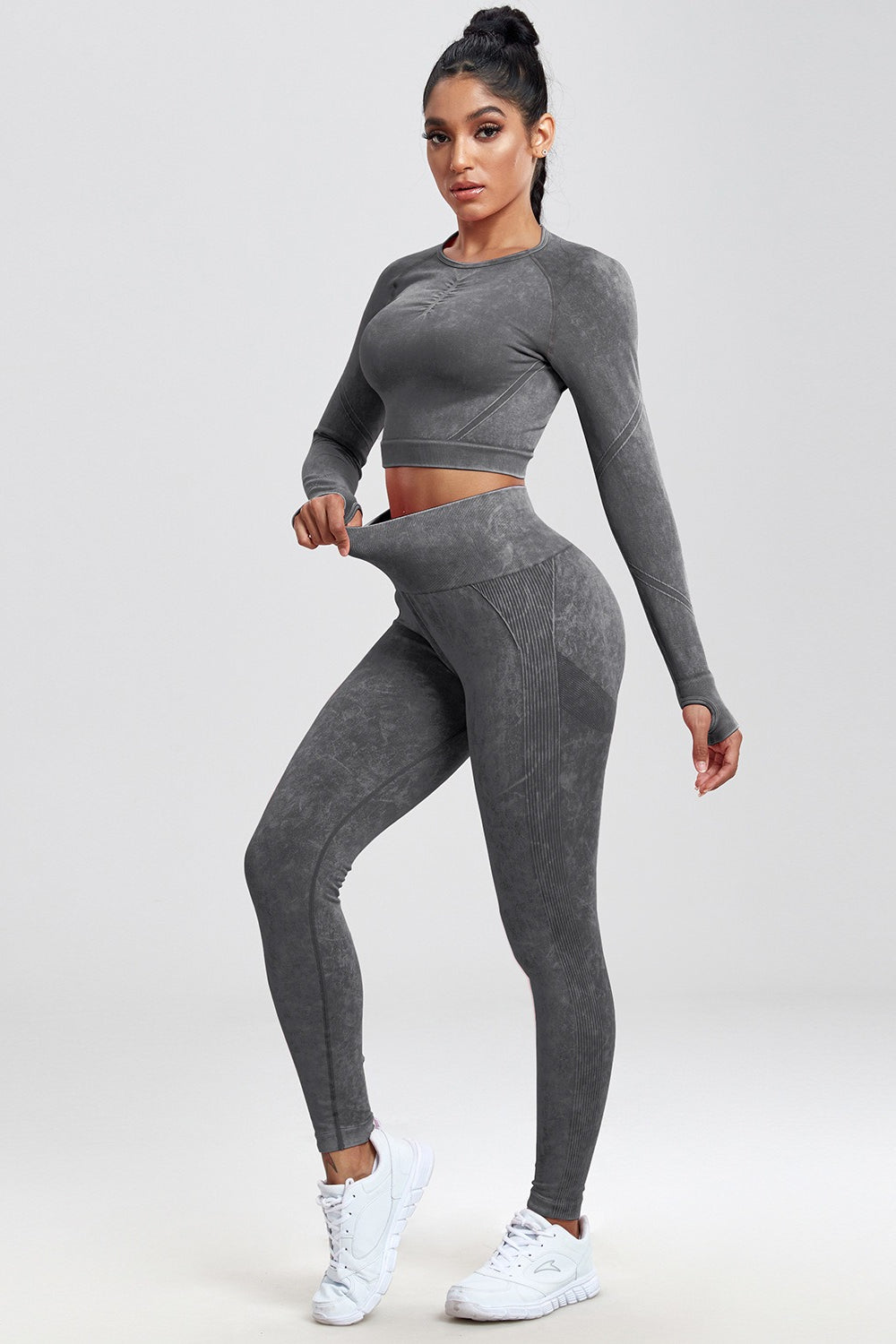 Seamless Long Sleeve Thumb Hole Crop Top and High Waist Leggings Two Piece Set