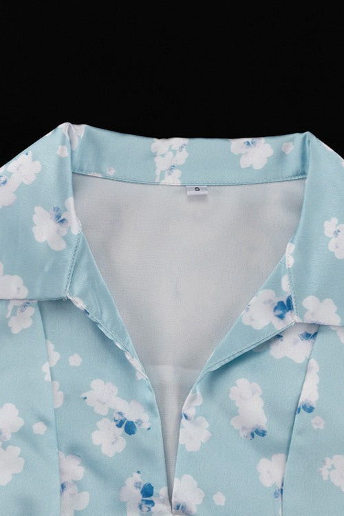 Satin Floral Print Collar Long Sleeve Belted Midi Dress