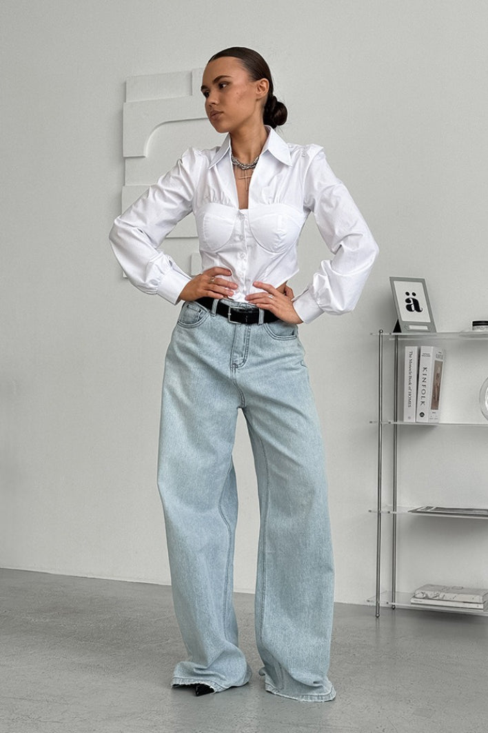 Collared Long Sleeve Bustier Seam Button Front Fitted Shirt