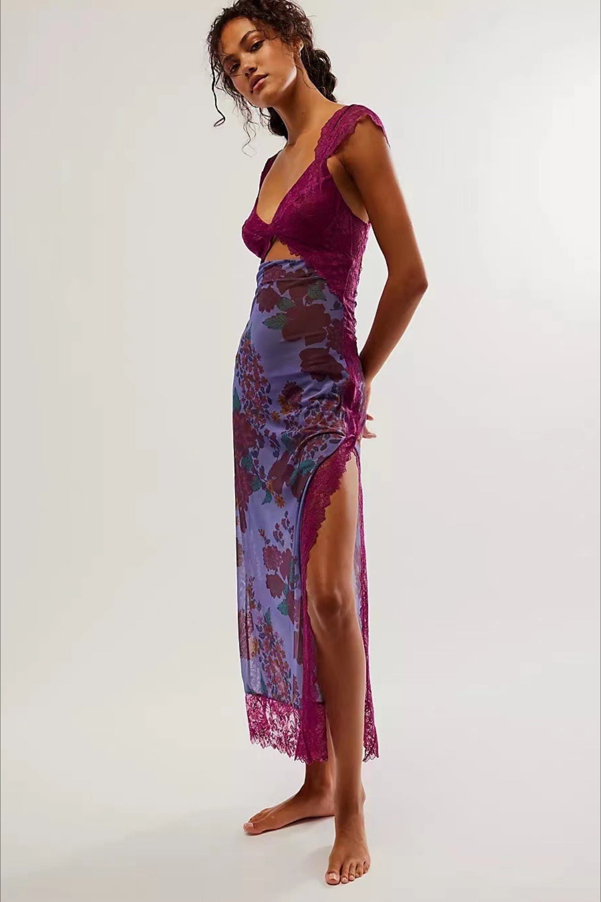 Lace Patchwork Strap Backless High Split Maxi Dress - View 5
