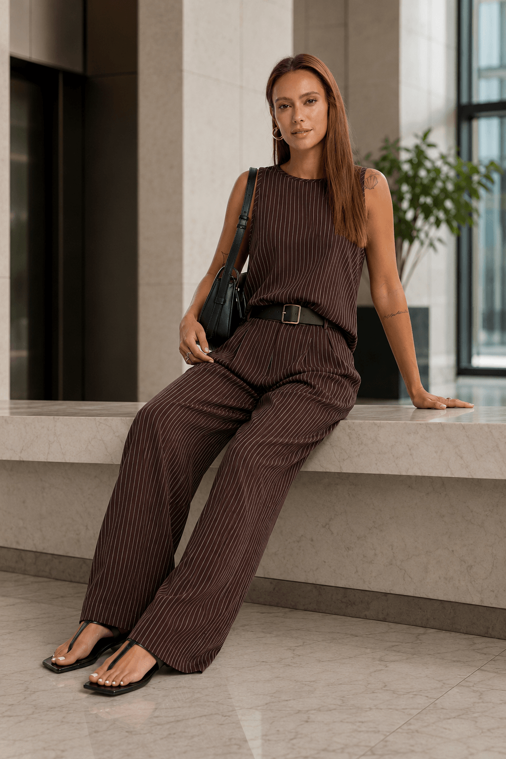 Stripe Crew Sleeveless High Waist Wide Leg Work Set