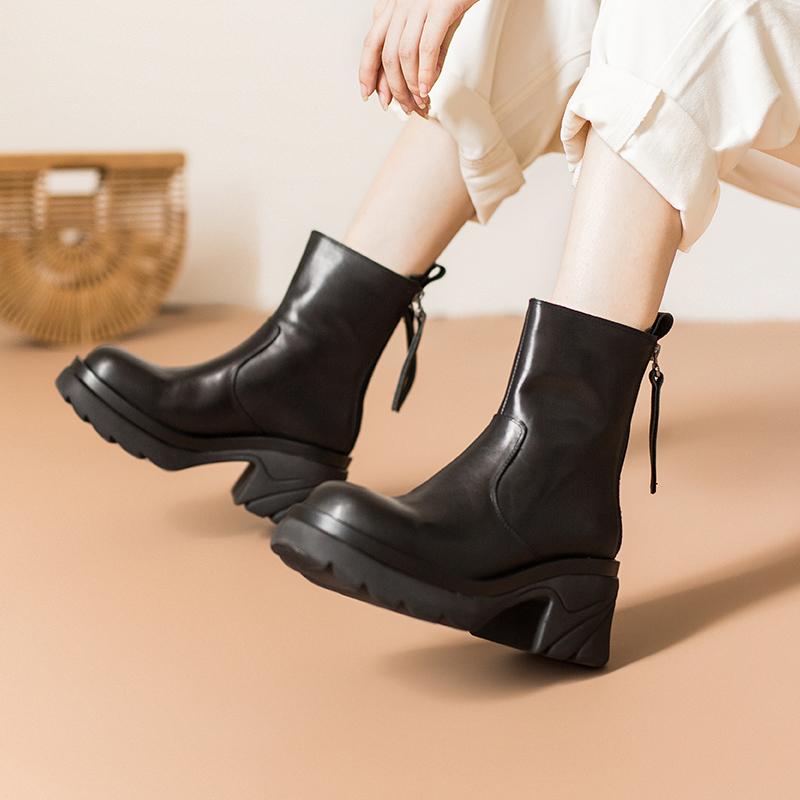 Colorful Sole Leather Short Boots Chunky Riding Boots High Heel Back Zip
