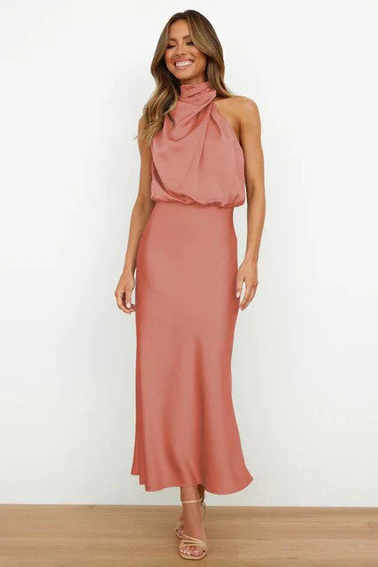 Satin Mock Neck Cowl Drape Sleeveless Bias Cut Midi Cocktail Dress