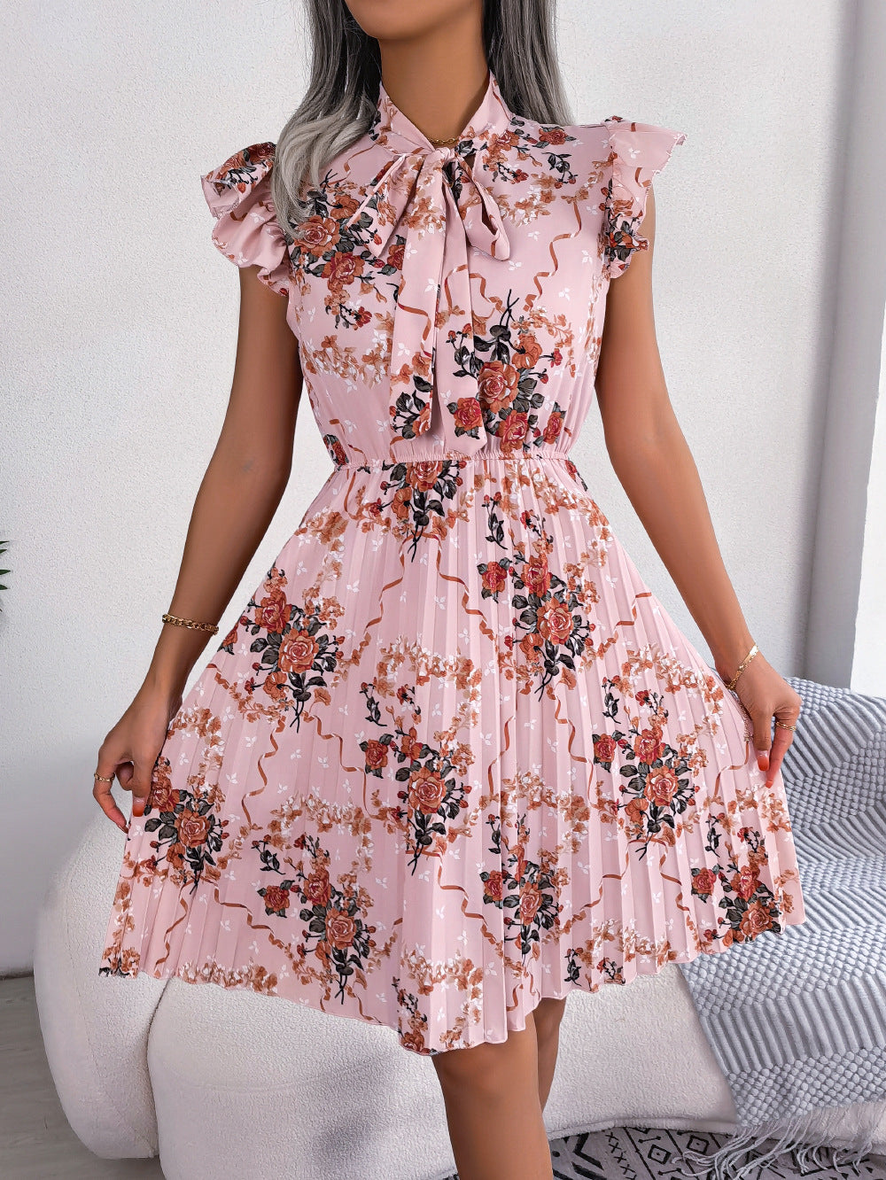 Pleated Floral Printed Tie Neck Knee Length Dress Teal