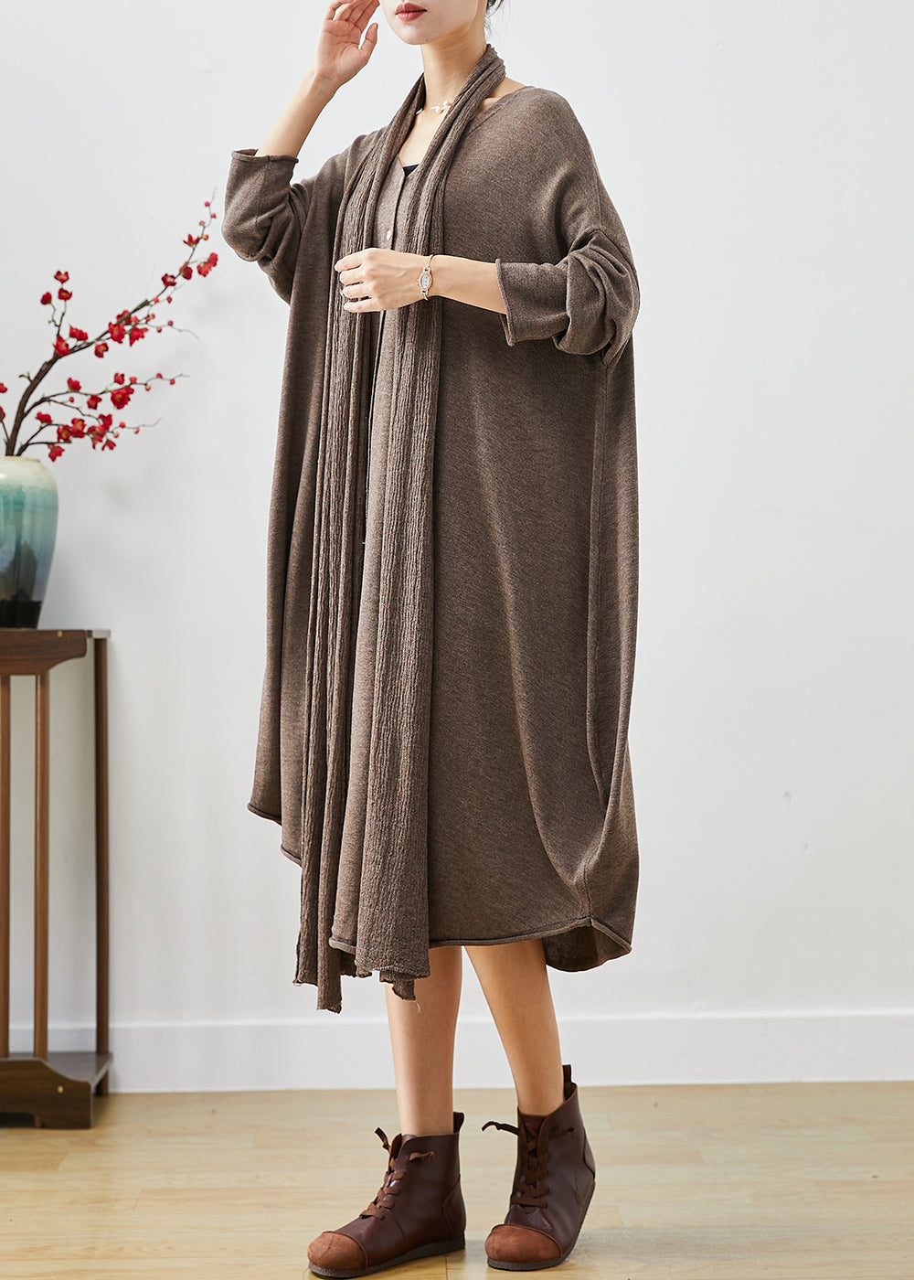 Knit Scarf Neck Long Sleeve Oversized Draped Hem Midi Sweater Dress