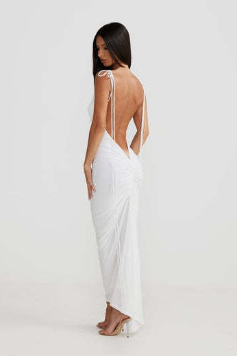 Cowl Neck Spaghetti Strap Backless Ruched Bodycon Maxi Dress