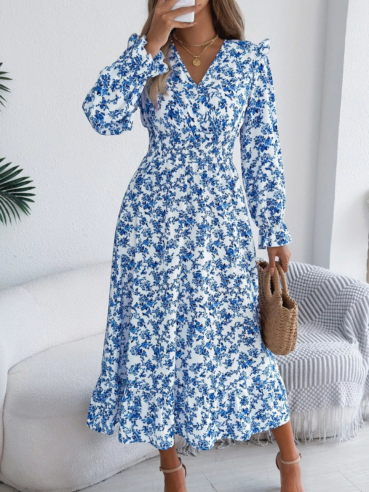 Floral Print Surplice V-Neck Ruffle Shoulder Smocked Waist Tiered Midi Dress 15
