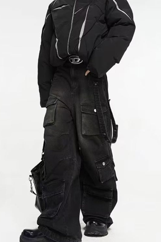 Distressed Multi Pocket Wide Leg Jean