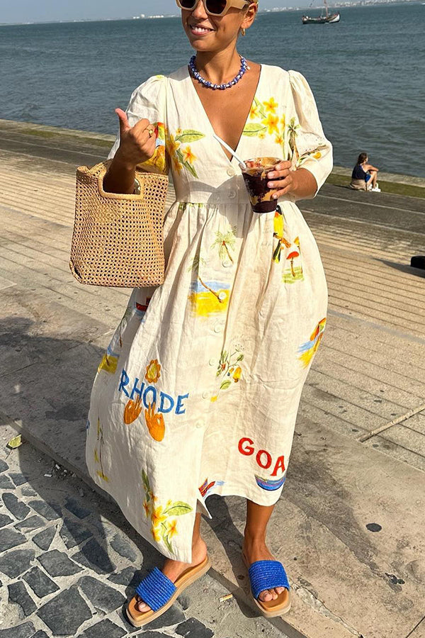 V-Neck Puff Sleeve Button Front Empire Waist Tropical Graphic Print Midi Summer Dress