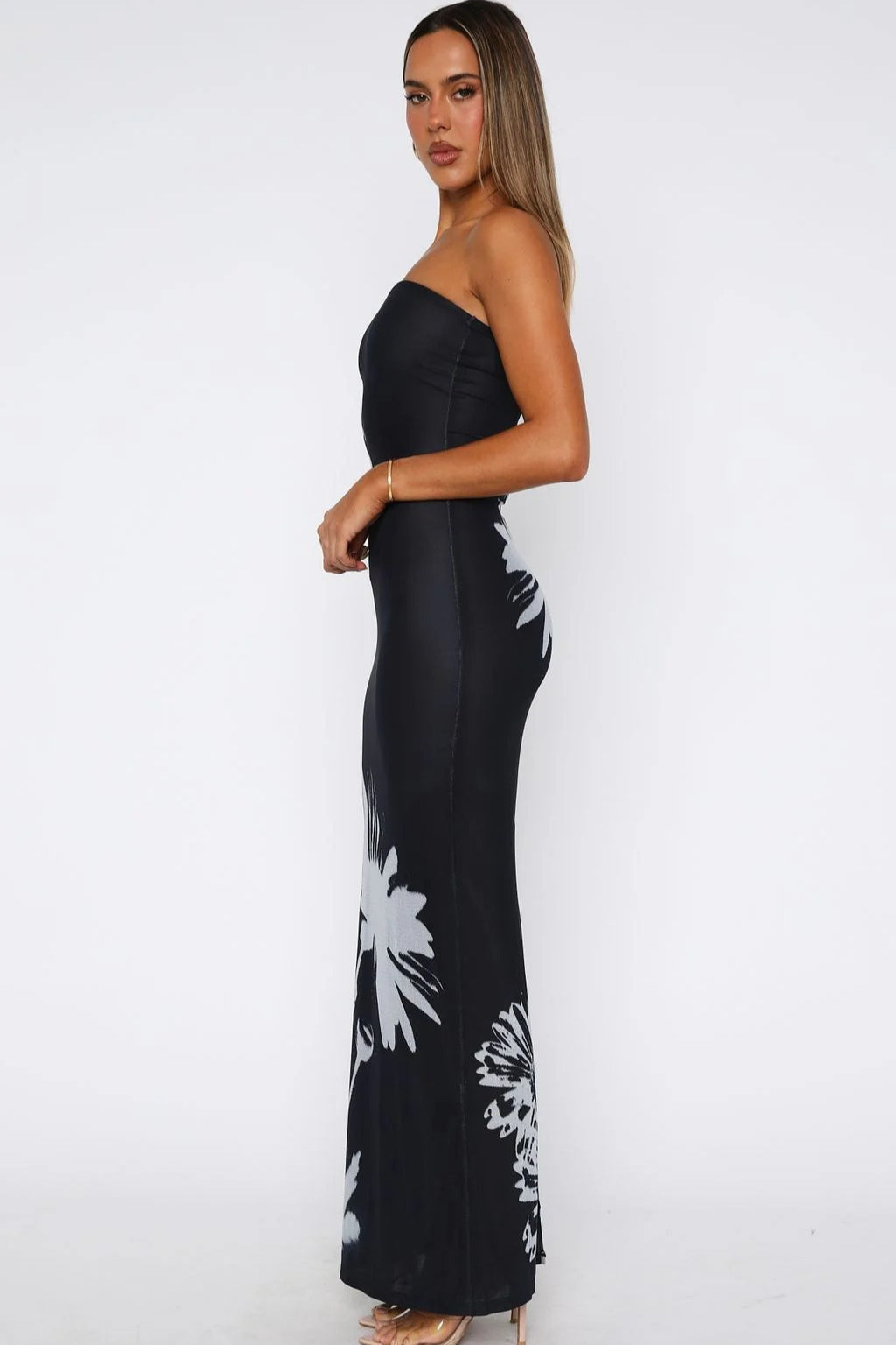 Black Printed Strapless Bodycon Vacation Dress