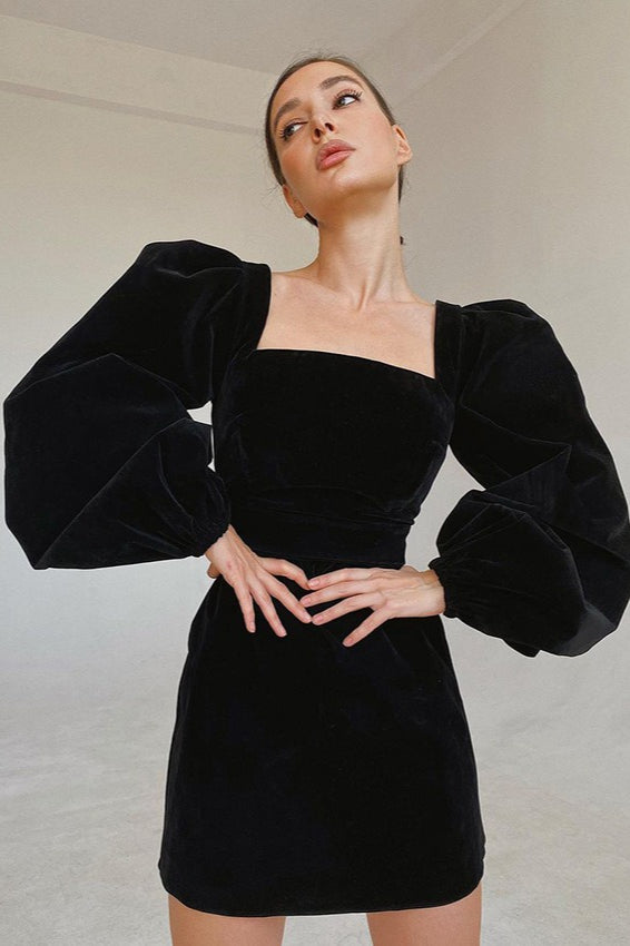 Velvet Square Neck Long Puff Sleeve Bodycon Mini Dress