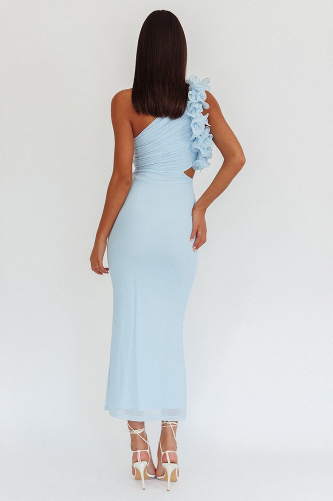One Shoulder 3D Floral Cut Out Ruched Bodycon Maxi Dress