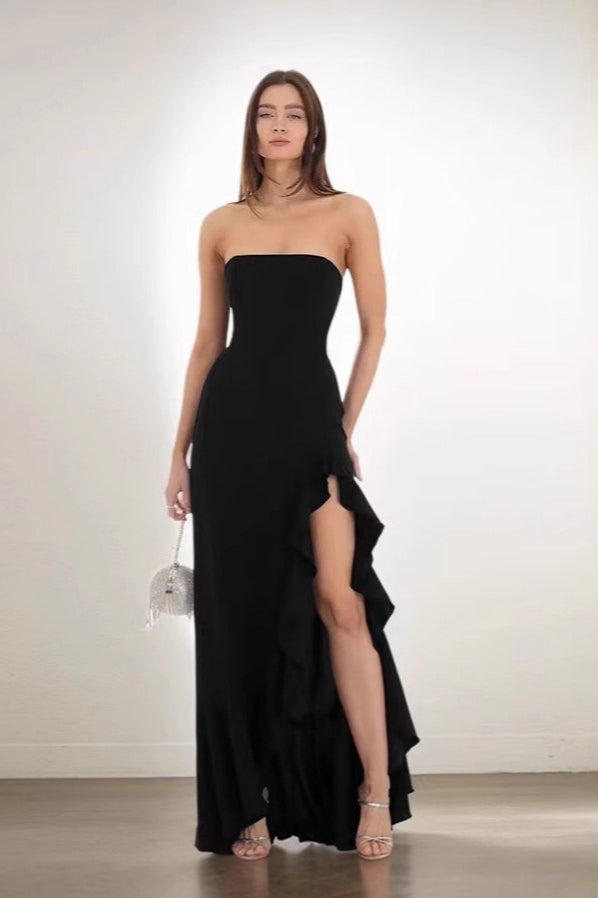 Strapless Ruffle High Slit High Low Maxi Dress - View 10