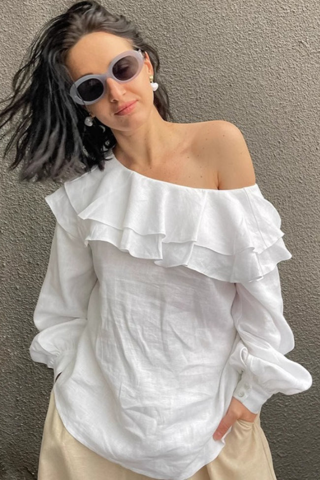One Shoulder Tiered Ruffle Long Sleeve Linen-Look Blouse 2