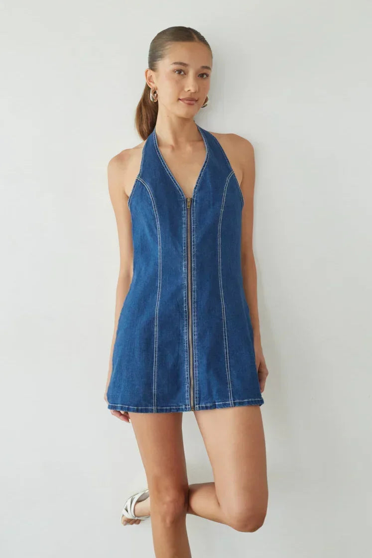 Denim-Look Halter V-Neck Zip Front Topstitched Mini Dress